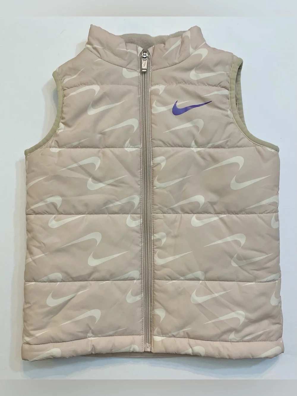 Nike Beige Quilted Puffer Vest - Swoosh Pattern + Purple Logo - Girls Medium (6)